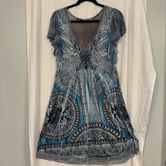 Unity World Wear Dress Y2K Fairy Boho Artsy Blue Studded Mesh Panel Stretchy L - Picture 1 of 10